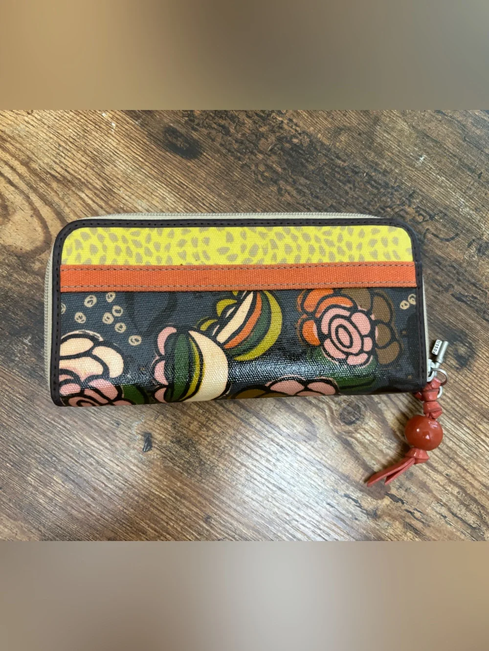 Fossil Floral Zip Wallet in Yellow, Orange, Brown and Black
